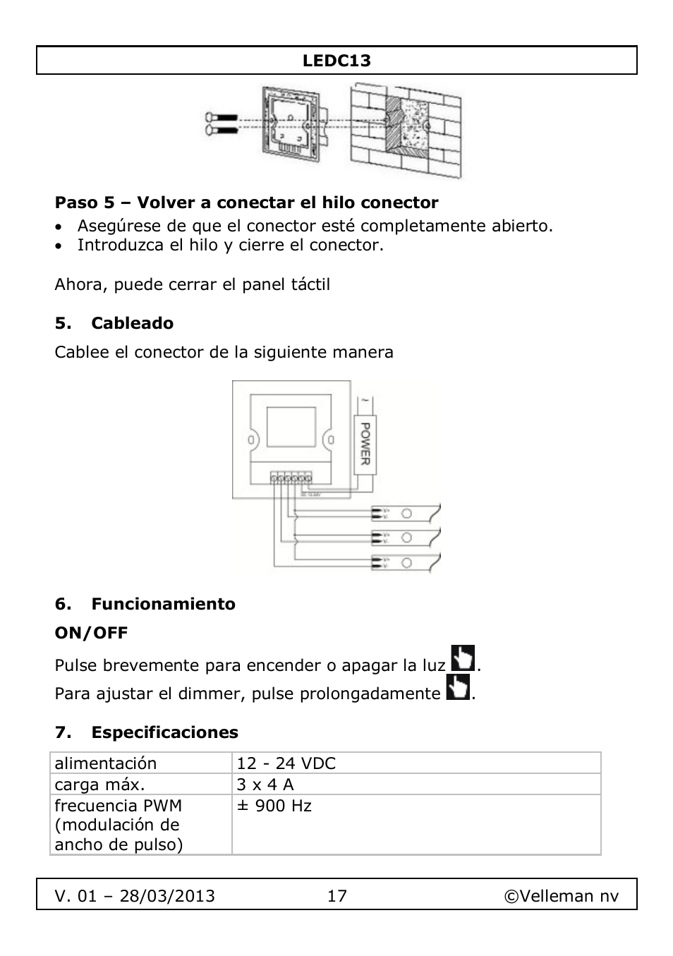 Paso 5 – volver a conectar el hilo conector, Cableado, Funcionamiento | On/off, Especificaciones | Velleman LEDC13 User Manual | Page 17 / 37