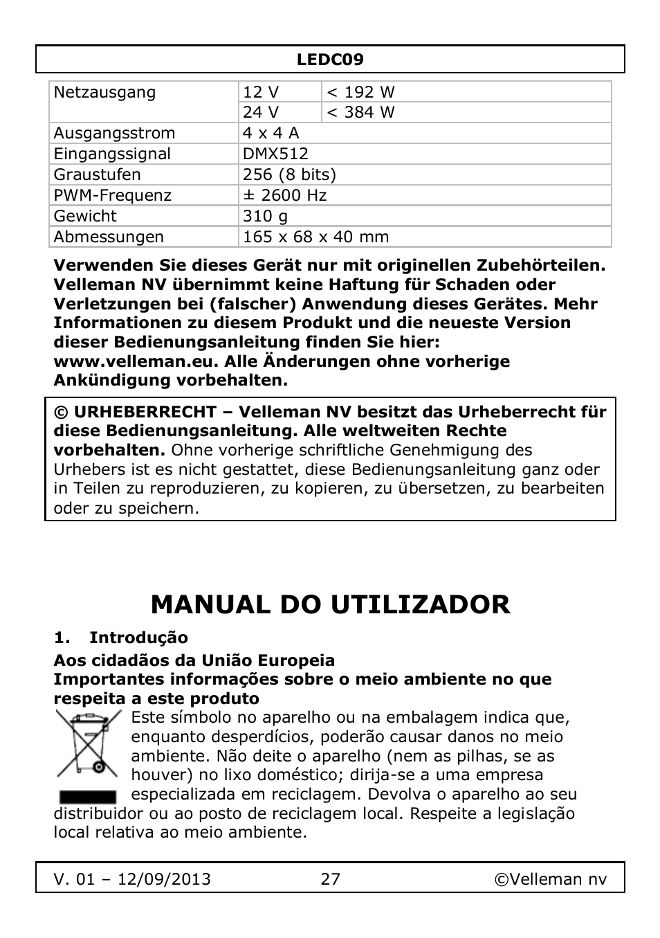 Manual do utilizador, Introdução | Velleman LEDC09 User Manual | Page 27 / 44