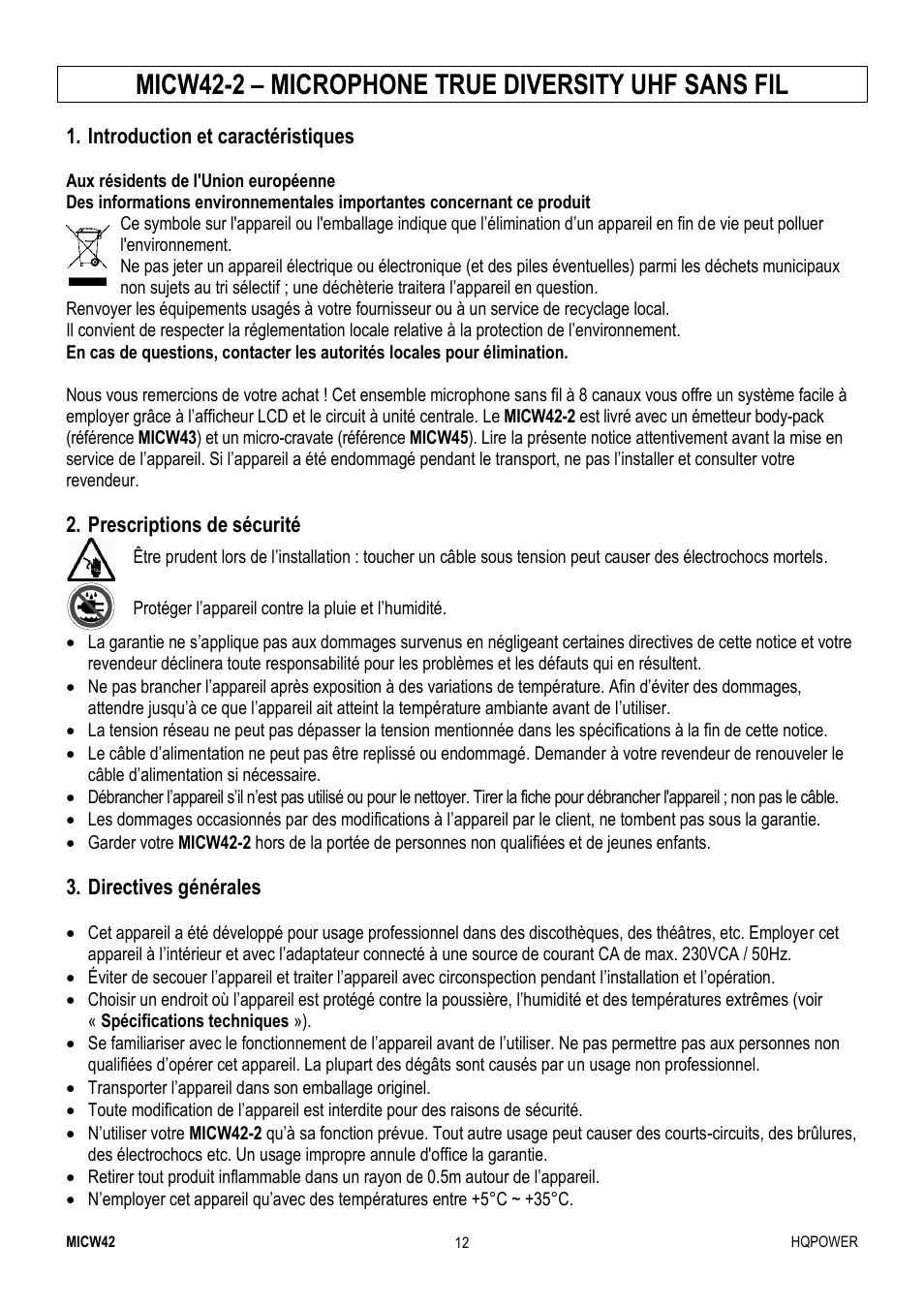 Micw42-2 – microphone true diversity uhf sans fil | Velleman MICW42-2 User Manual | Page 12 / 30