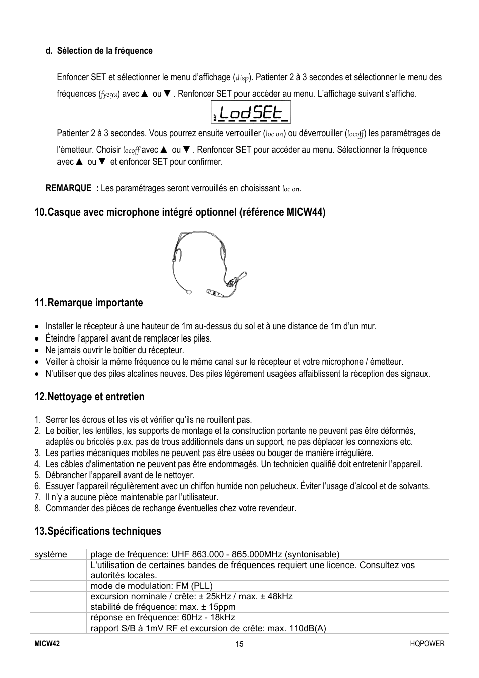 Remarque importante, Nettoyage et entretien, Spécifications techniques | Velleman MICW42-2 User Manual | Page 15 / 30