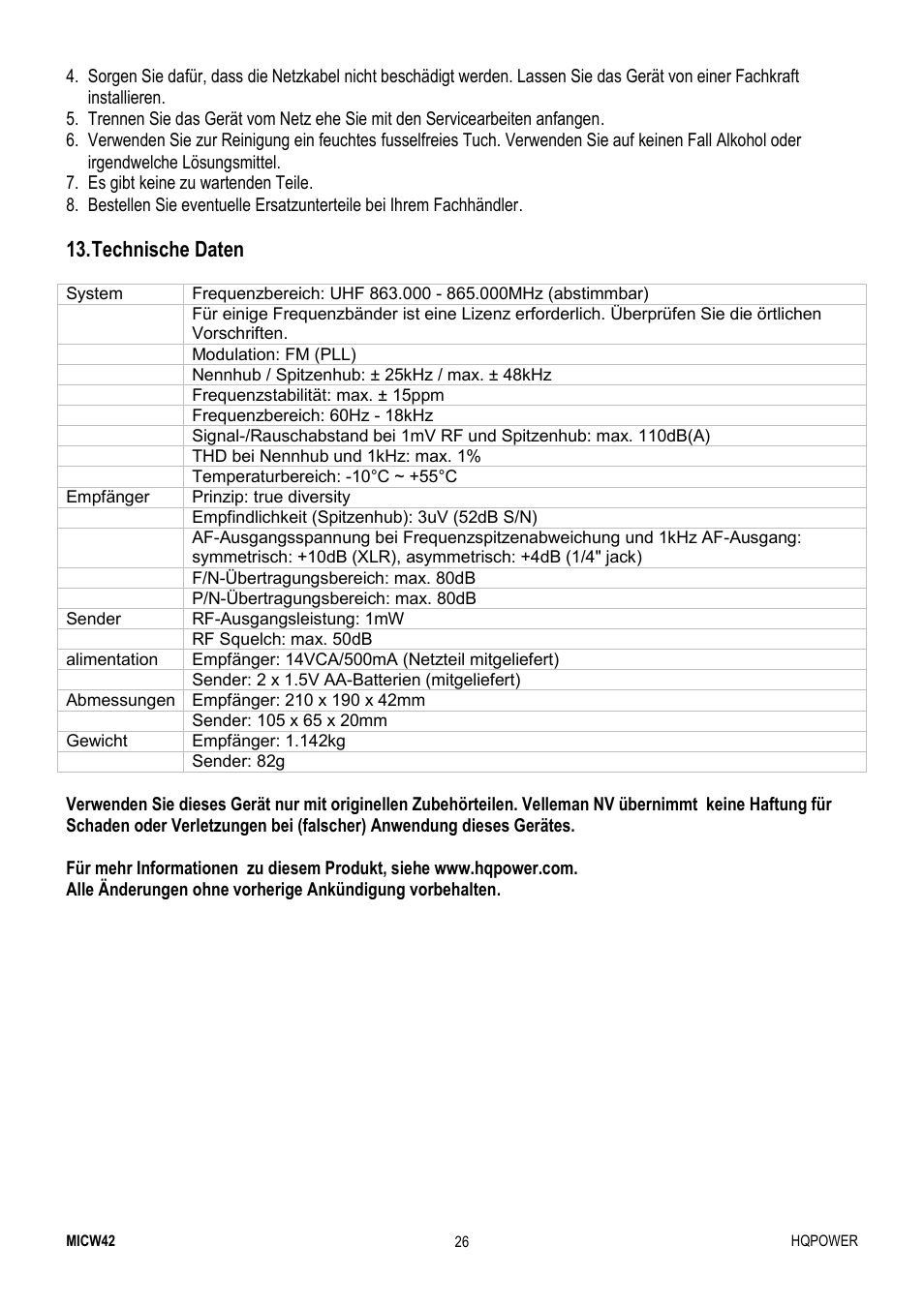 Technische daten | Velleman MICW42-2 User Manual | Page 26 / 30