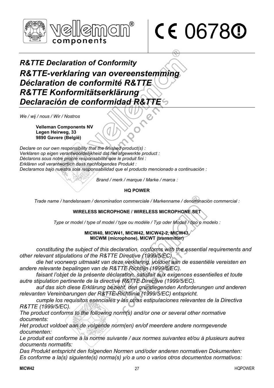 R&tte declaration of conformity | Velleman MICW42-2 User Manual | Page 27 / 30
