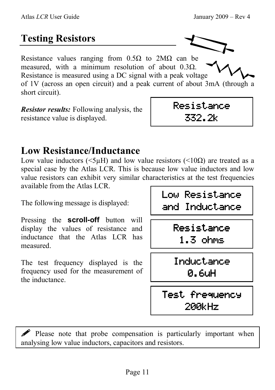 Testing resistors, Low resistance/inductance | Velleman LCR40 User Manual | Page 11 / 20