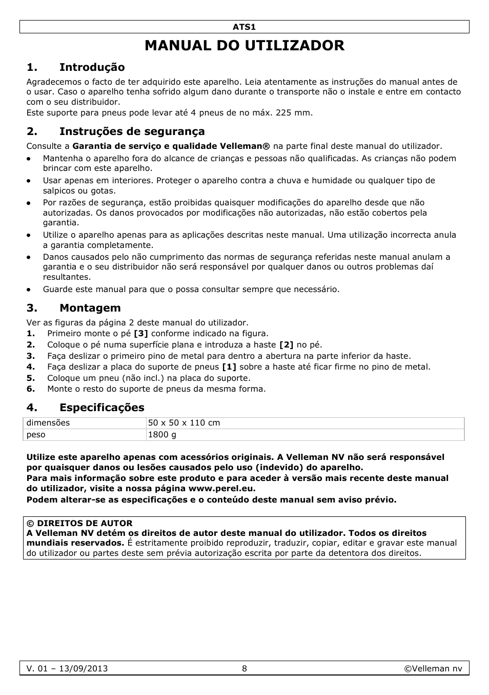 Manual do utilizador, Introdução, Instruções de segurança | Montagem, Especificações | Velleman ATS1 User Manual | Page 8 / 10