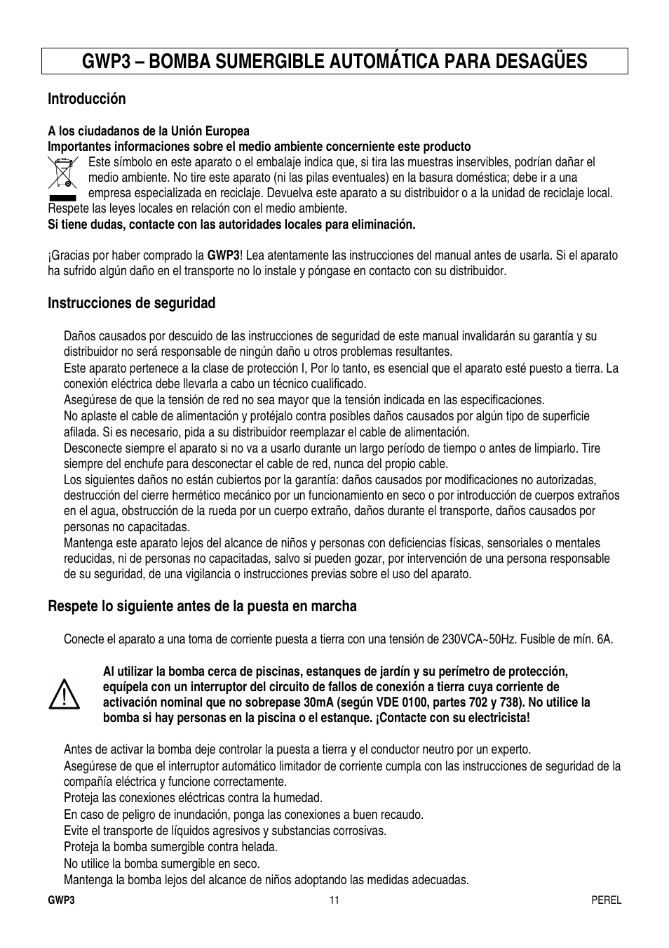 Gwp3 – bomba sumergible automática para desagües | Velleman GWP3 User Manual | Page 11 / 19