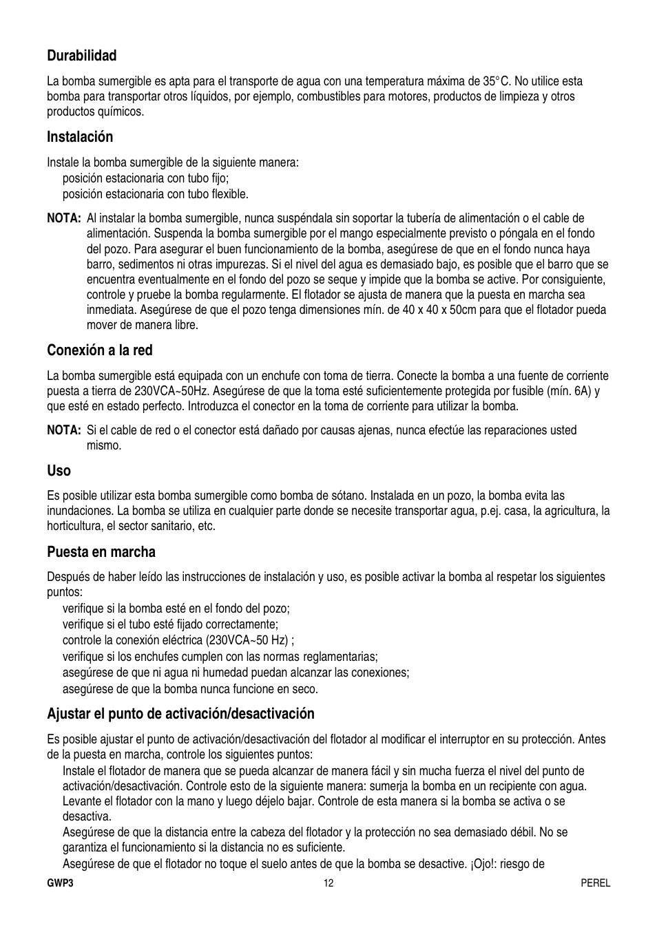 Durabilidad, Instalación, Conexión a la red | Puesta en marcha, Ajustar el punto de activación/desactivación | Velleman GWP3 User Manual | Page 12 / 19