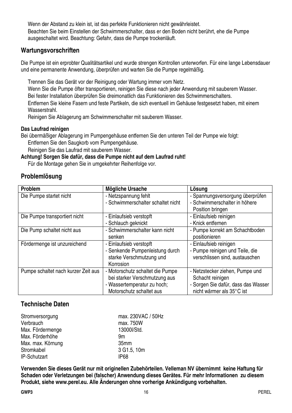 Wartungsvorschriften, Problemlösung, Technische daten | Velleman GWP3 User Manual | Page 16 / 19