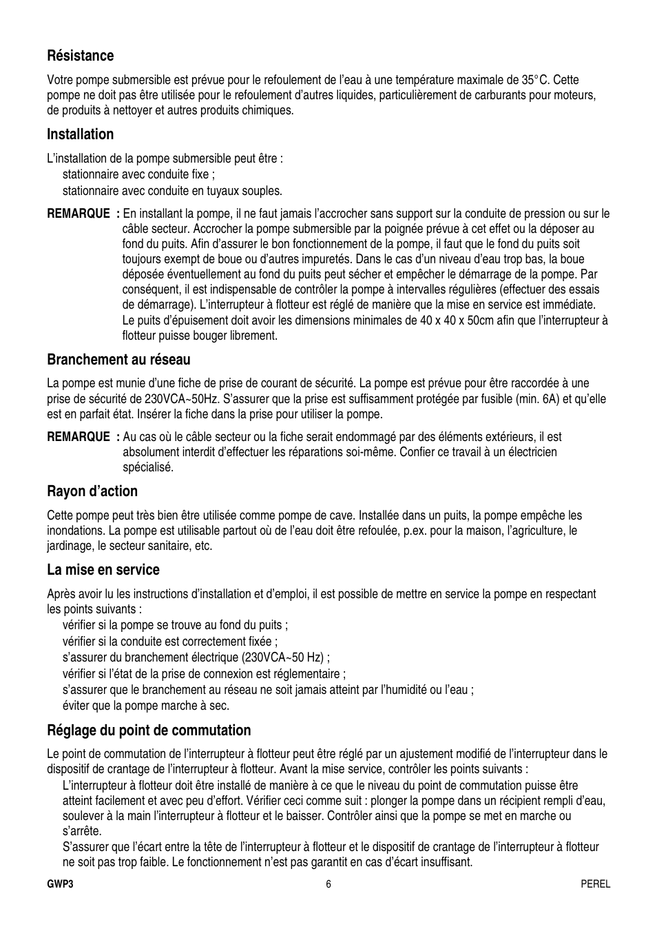 Résistance, Installation, Branchement au réseau | Rayon d’action, La mise en service, Réglage du point de commutation | Velleman GWP3 User Manual | Page 6 / 19