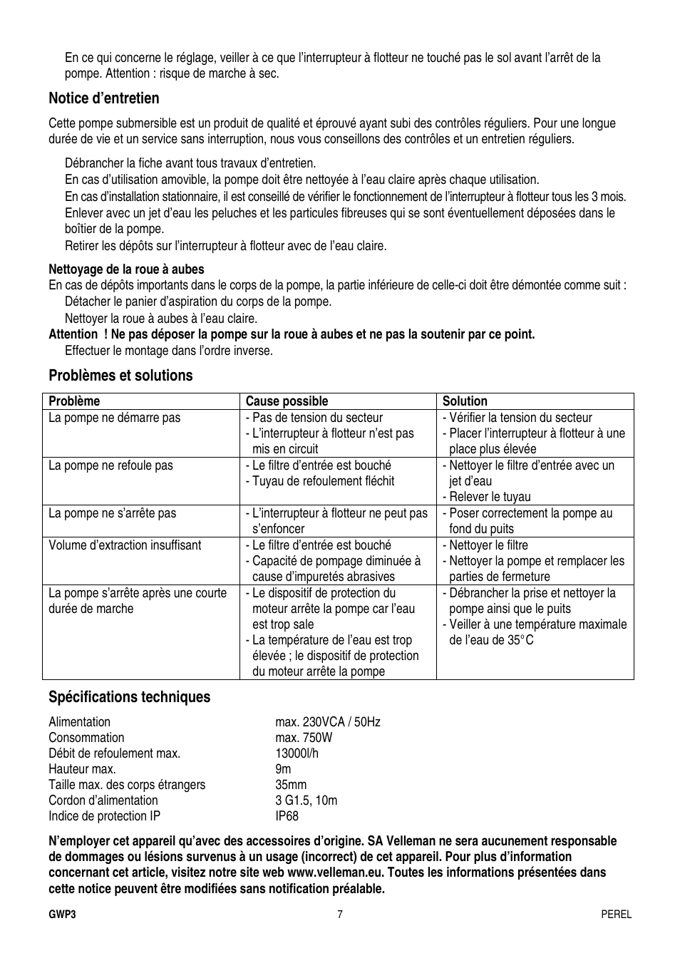 Notice d’entretien, Problèmes et solutions, Spécifications techniques | Velleman GWP3 User Manual | Page 7 / 19