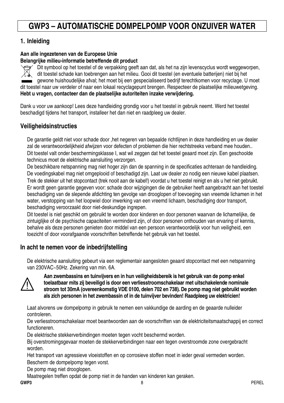 Gwp3 – automatische dompelpomp voor onzuiver water | Velleman GWP3 User Manual | Page 8 / 19