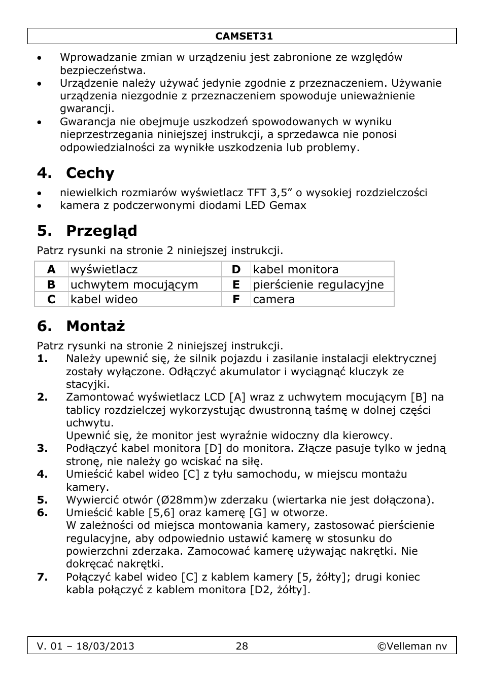 Cechy, Przegląd, Montaż | Velleman CAMSET31 User Manual | Page 28 / 34