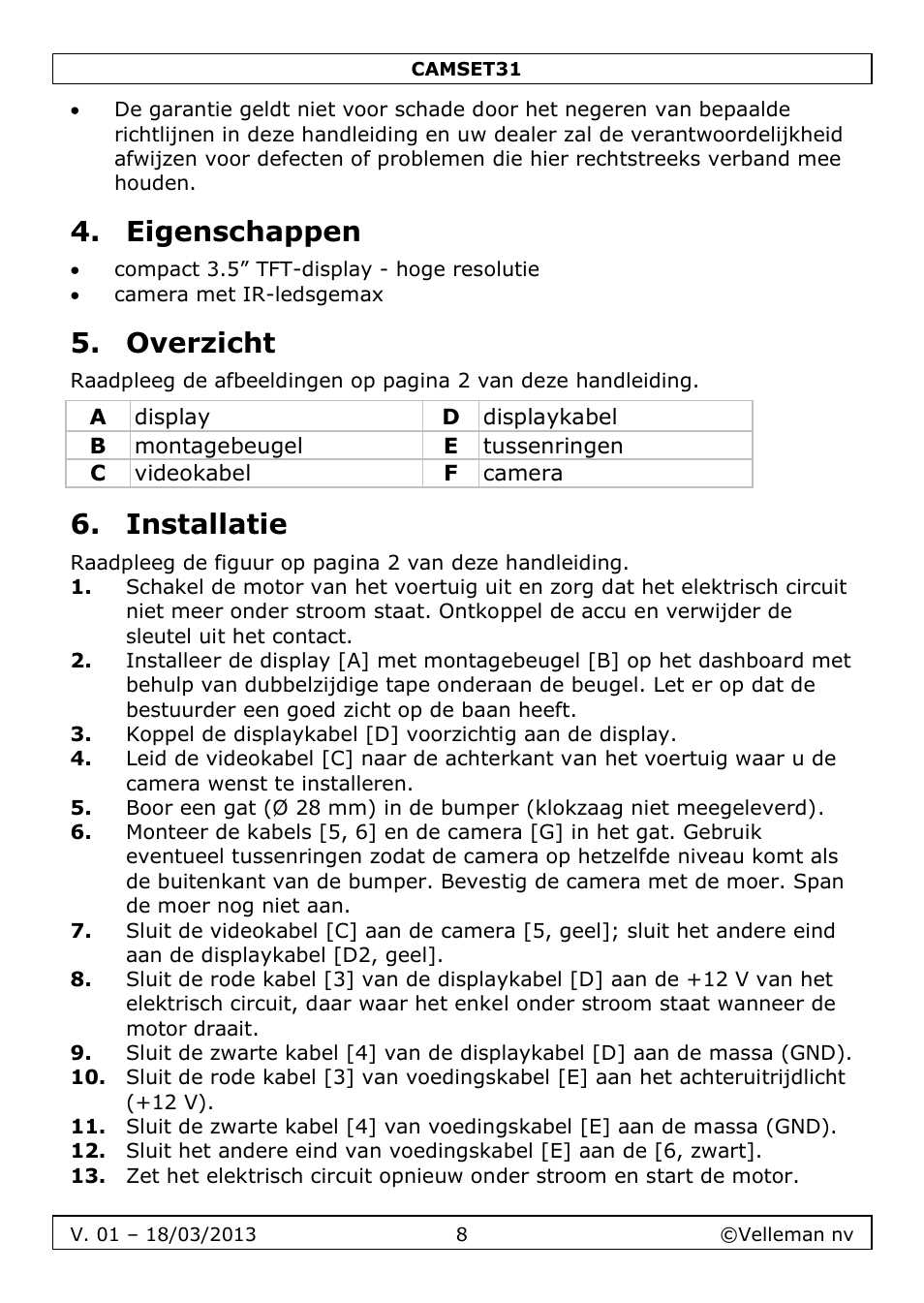Eigenschappen, Overzicht, Installatie | Velleman CAMSET31 User Manual | Page 8 / 34