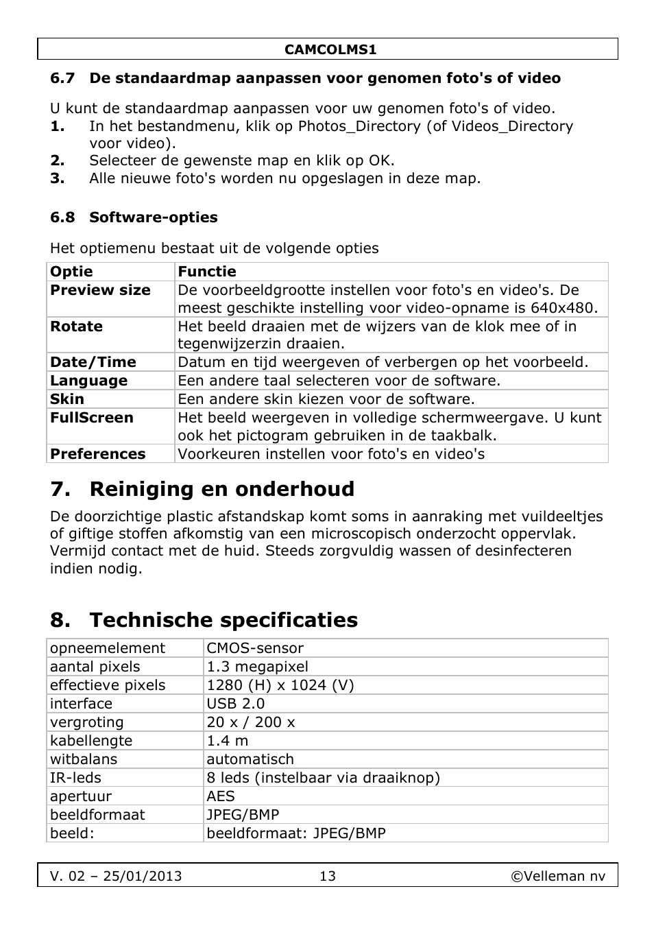 Reiniging en onderhoud, Technische specificaties | Velleman CAMCOLMS1 User Manual | Page 13 / 49