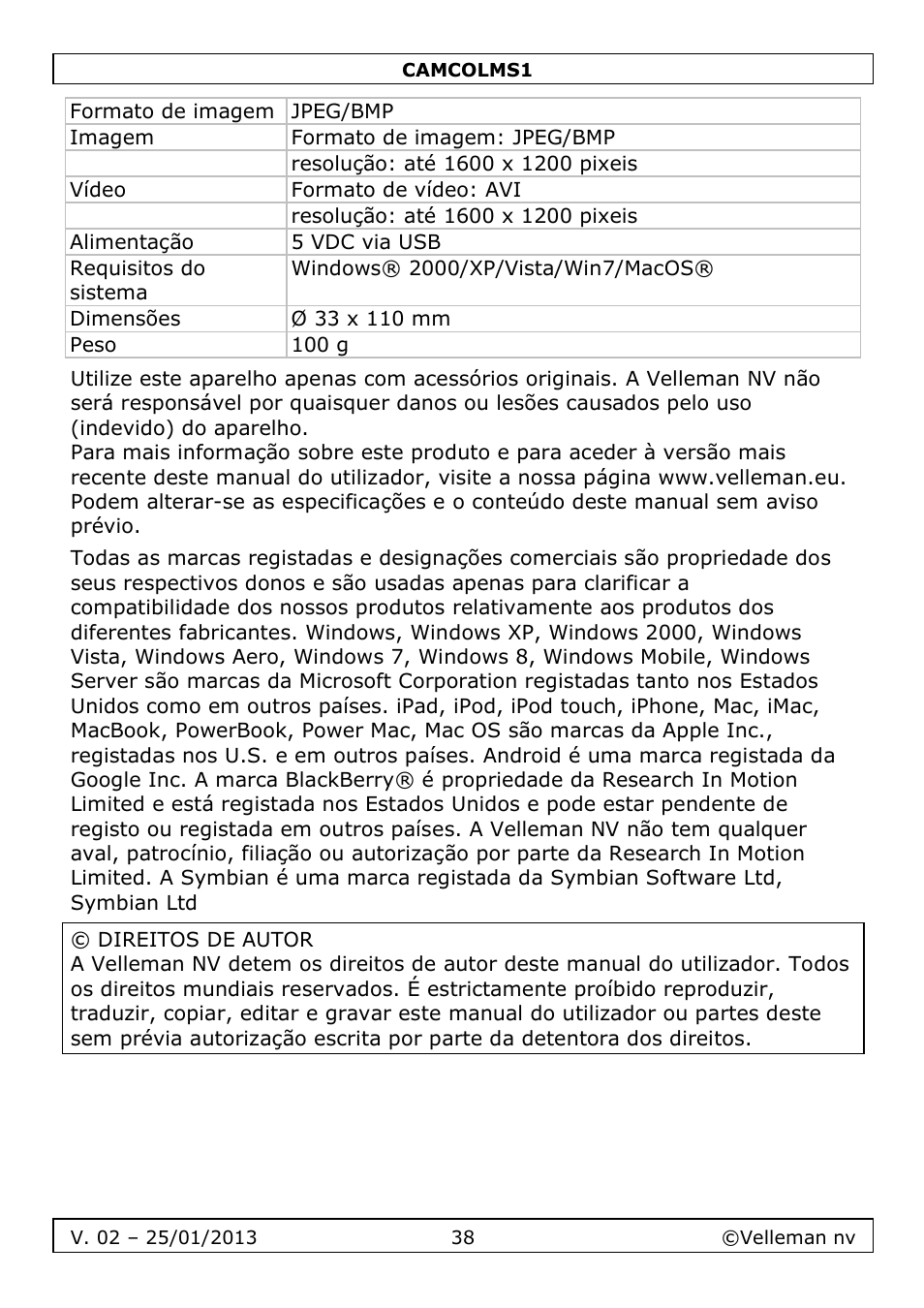 Velleman CAMCOLMS1 User Manual | Page 38 / 49