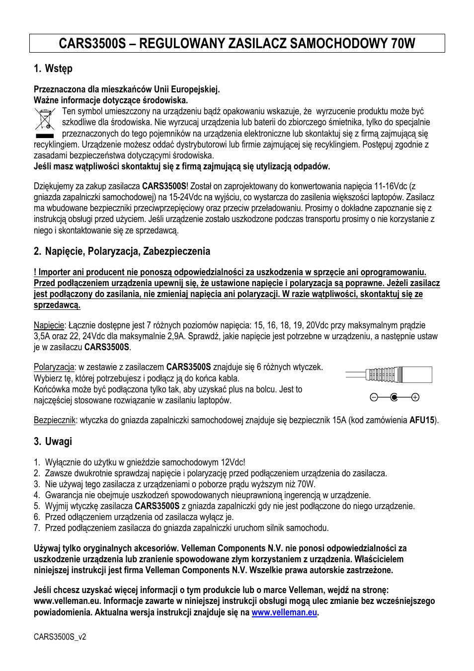 Wstęp, Napięcie, polaryzacja, zabezpieczenia, Uwagi | Velleman CARS3500S User Manual | Page 7 / 9