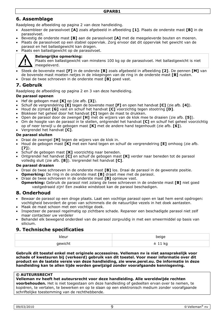Assemb, Gebruik, Onderh | Technis, Blage, Houd, Sche spe, Ecificatie | Velleman GPARB1 User Manual | Page 9 / 18