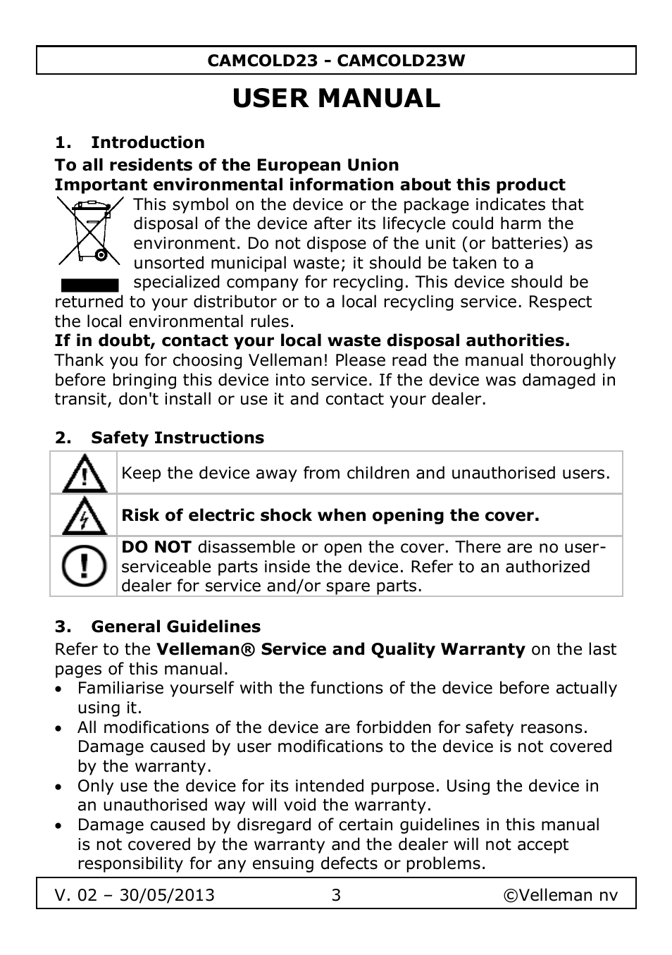 User manual, Introduction, Safety instructions | General guidelines | Velleman CAMCOLD23 User Manual | Page 3 / 64