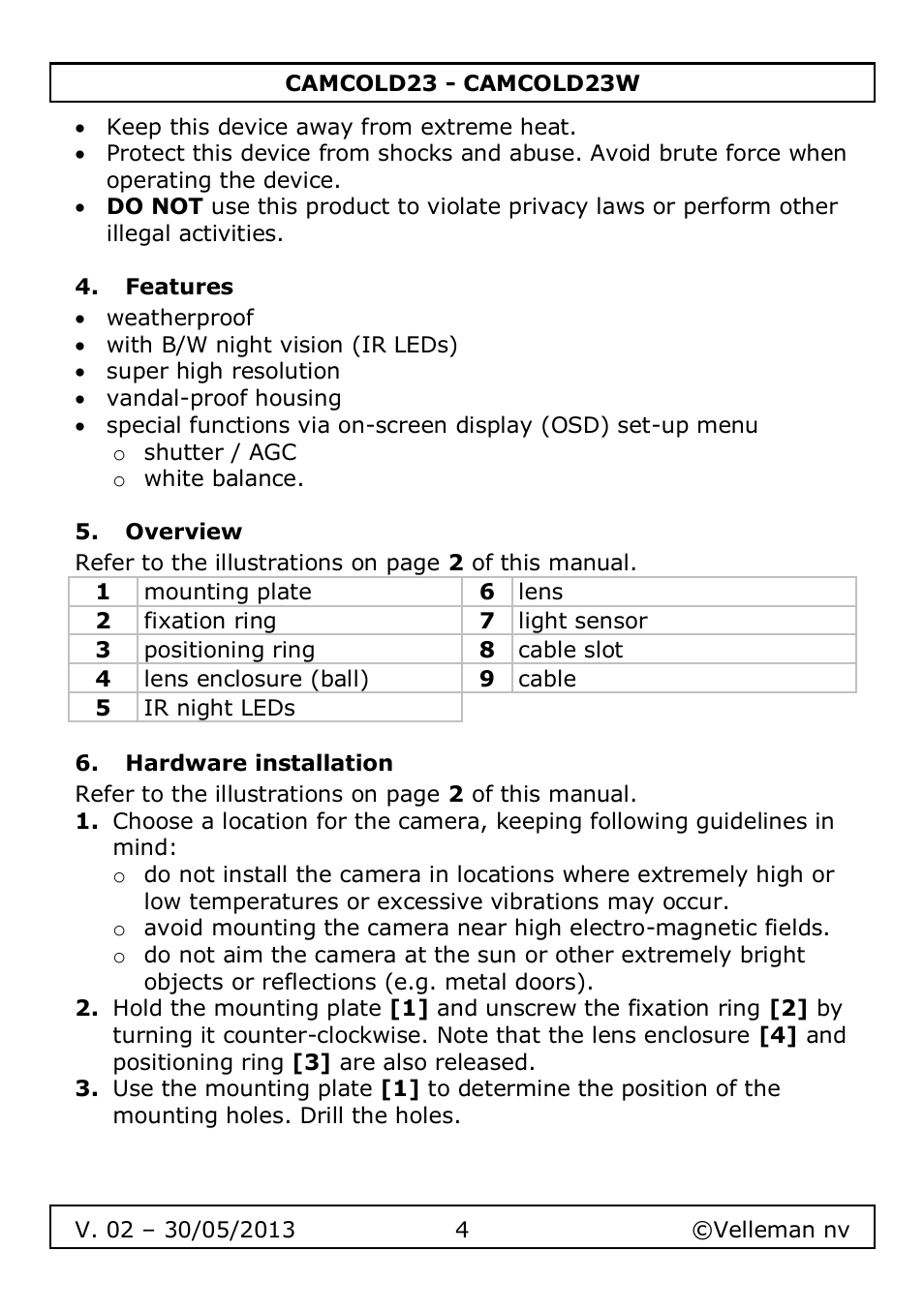 Features, Overview, Hardware installation | Velleman CAMCOLD23 User Manual | Page 4 / 64