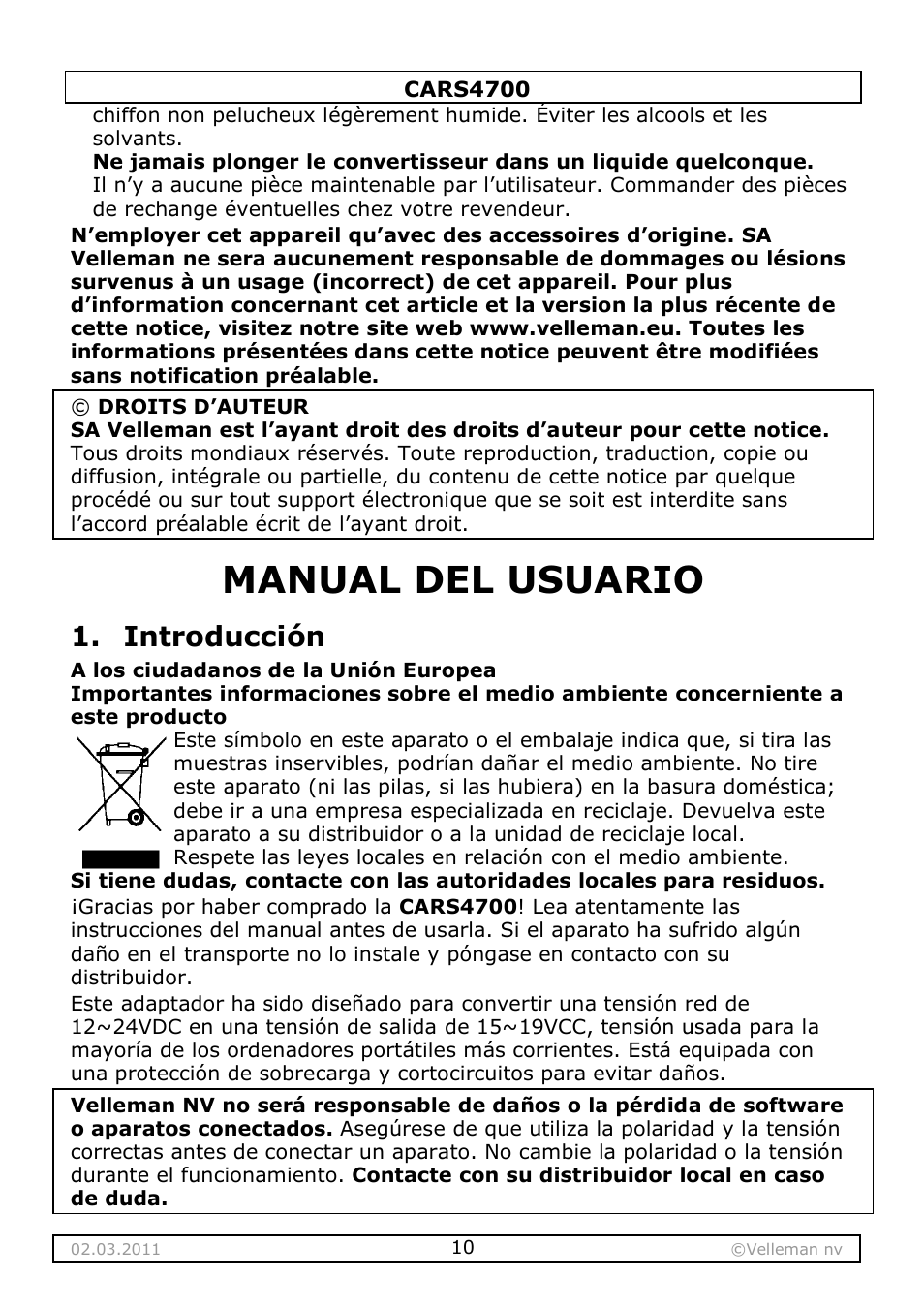 Manual del usuario, Introducción | Velleman CARS4700 User Manual | Page 10 / 19