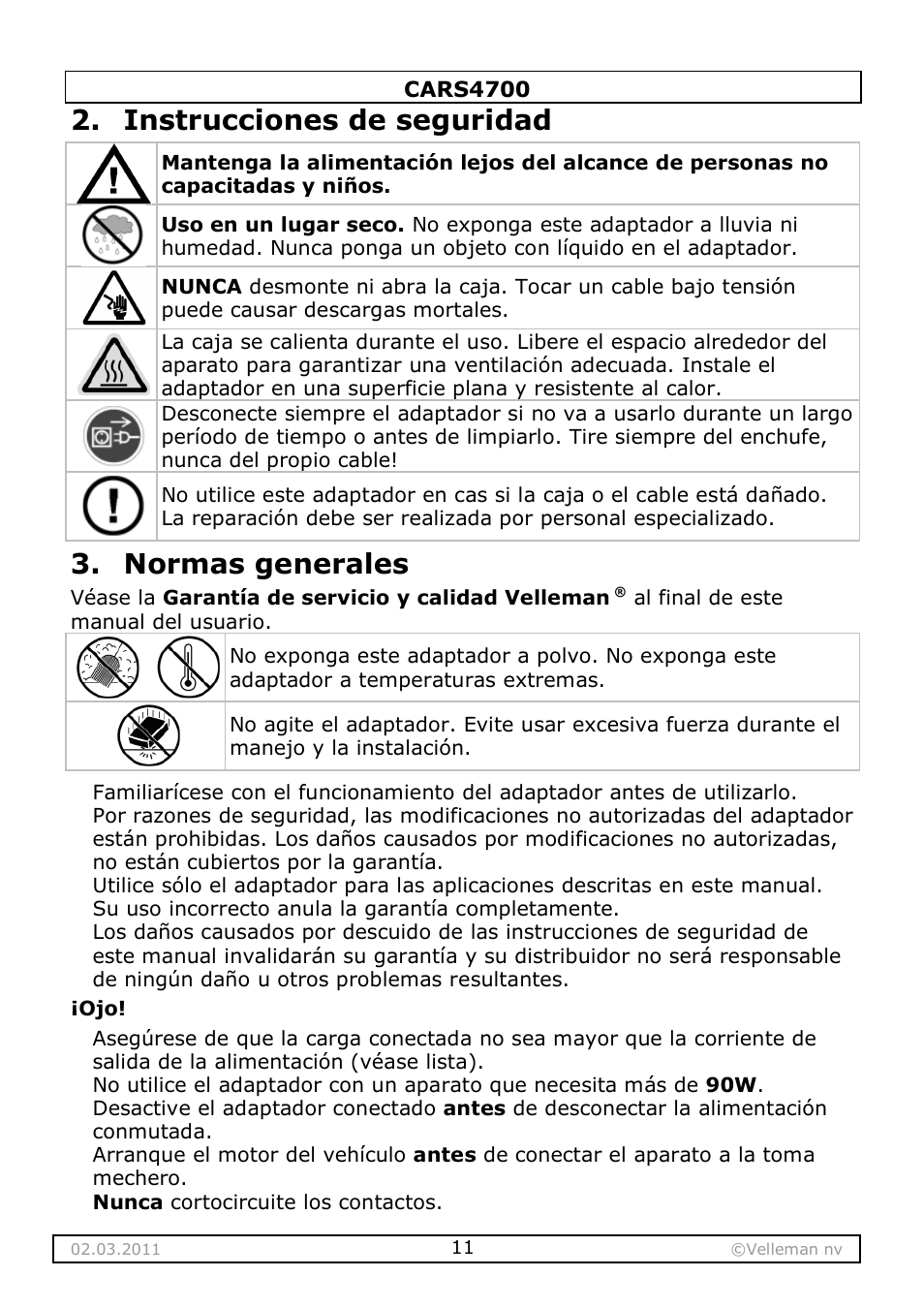 Instrucciones de seguridad, Normas generales | Velleman CARS4700 User Manual | Page 11 / 19
