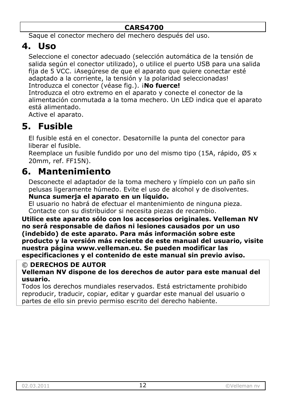 Fusible, Mantenimiento | Velleman CARS4700 User Manual | Page 12 / 19