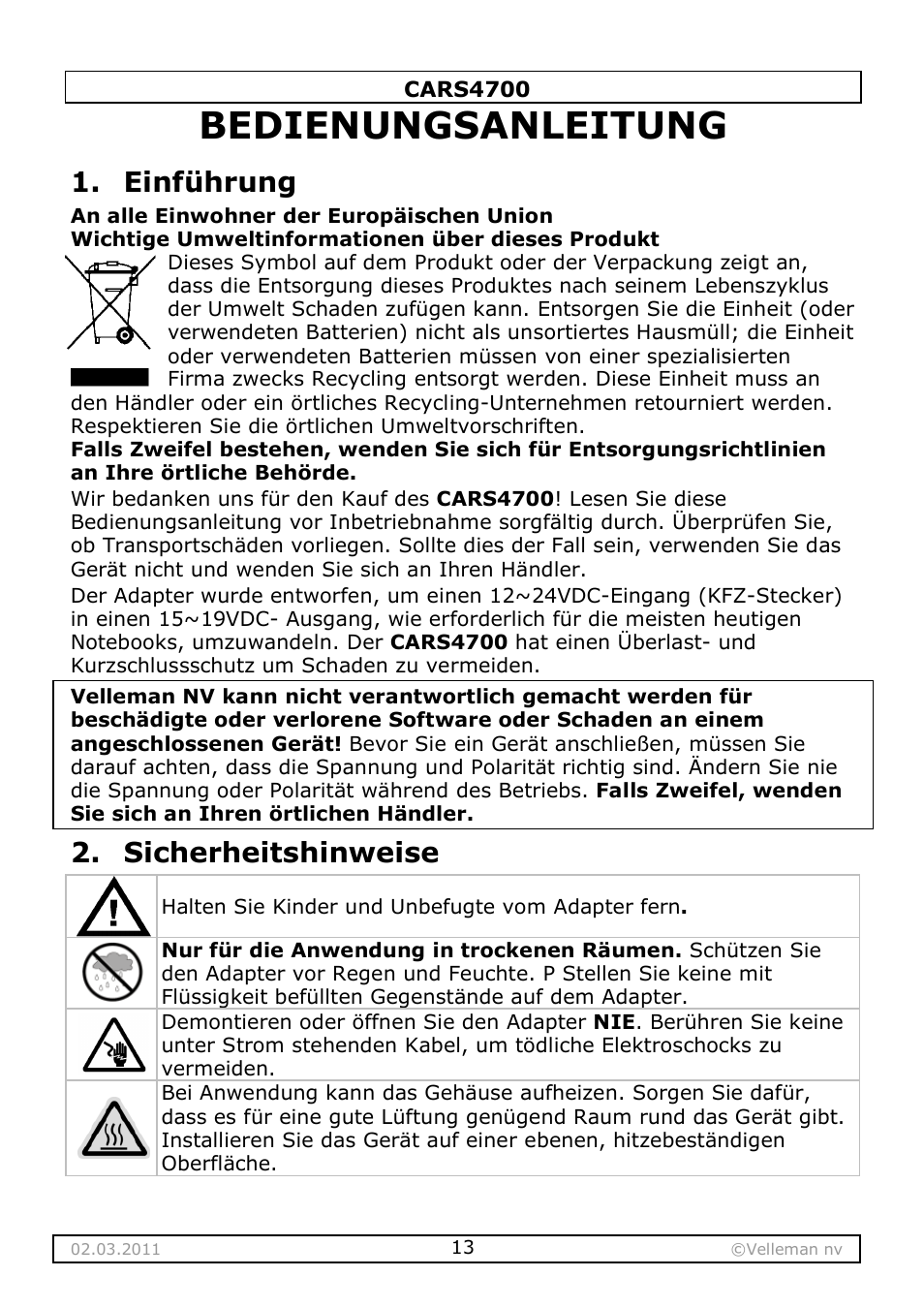 Bedienungsanleitung, Einführung, Sicherheitshinweise | Velleman CARS4700 User Manual | Page 13 / 19