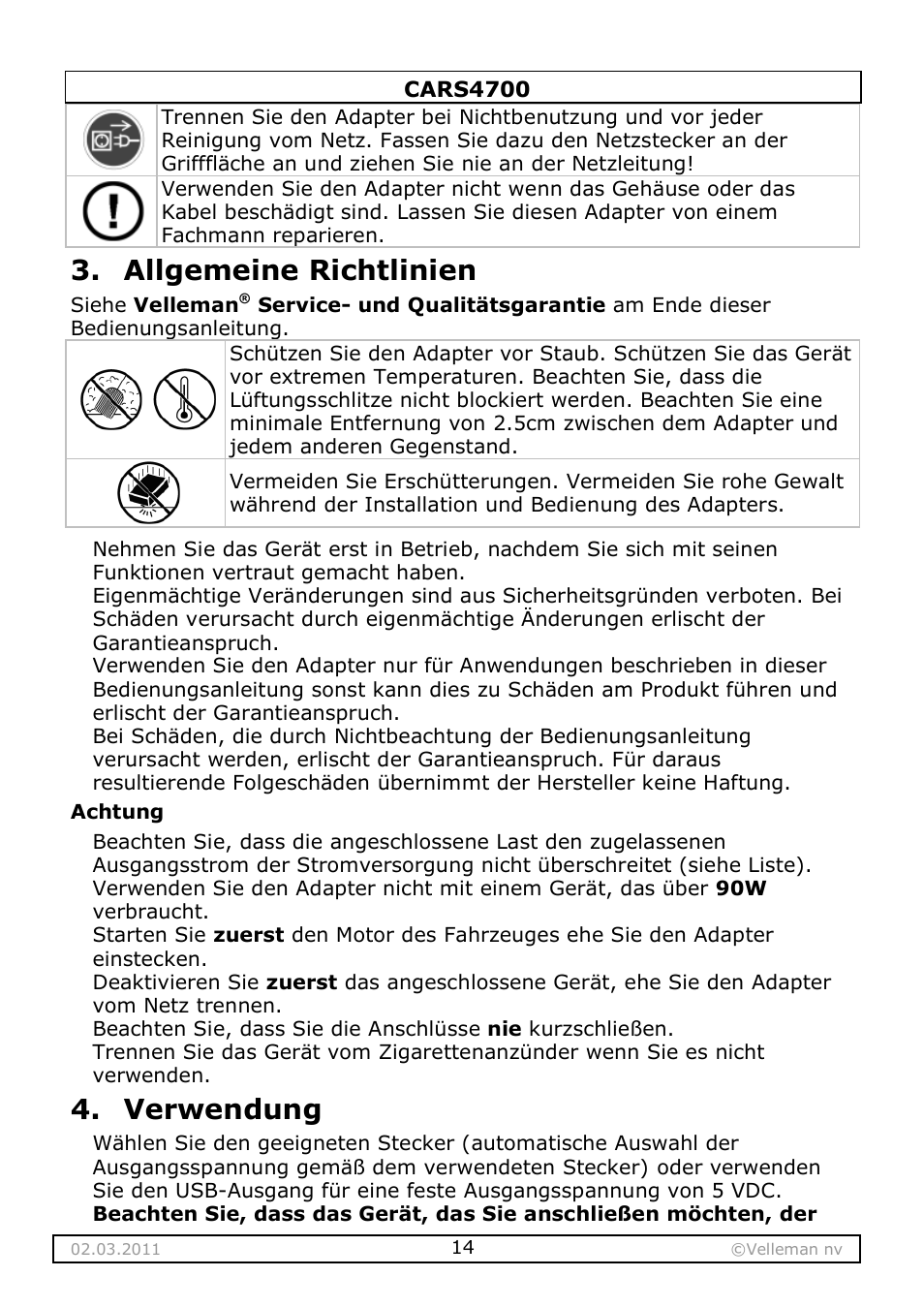 Allgemeine richtlinien, Verwendung | Velleman CARS4700 User Manual | Page 14 / 19