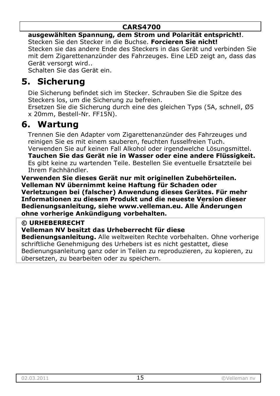 Sicherung, Wartung | Velleman CARS4700 User Manual | Page 15 / 19