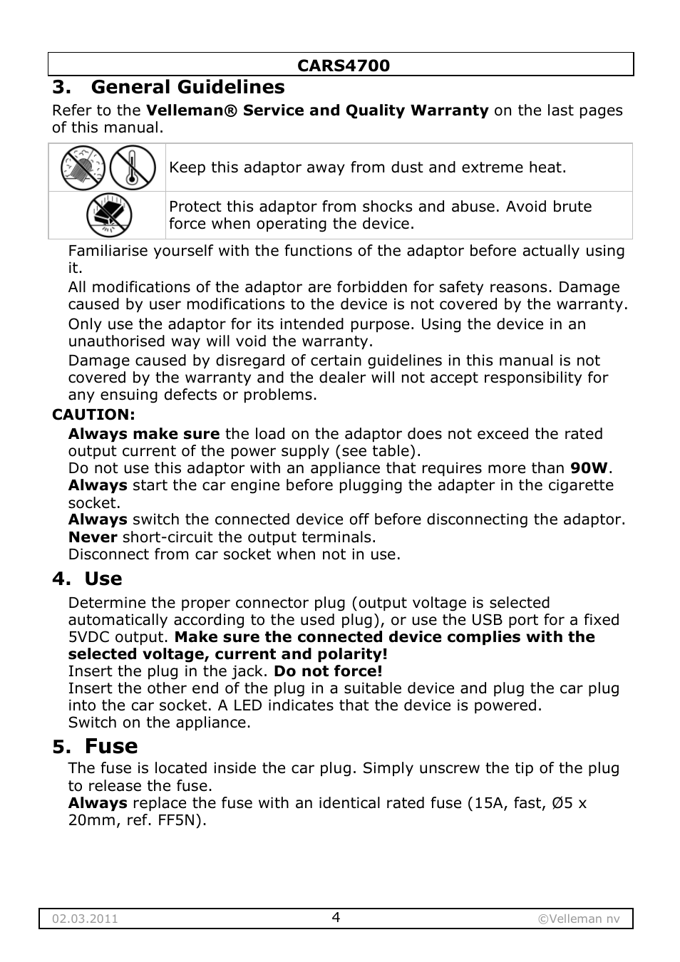 Fuse, General guidelines | Velleman CARS4700 User Manual | Page 4 / 19