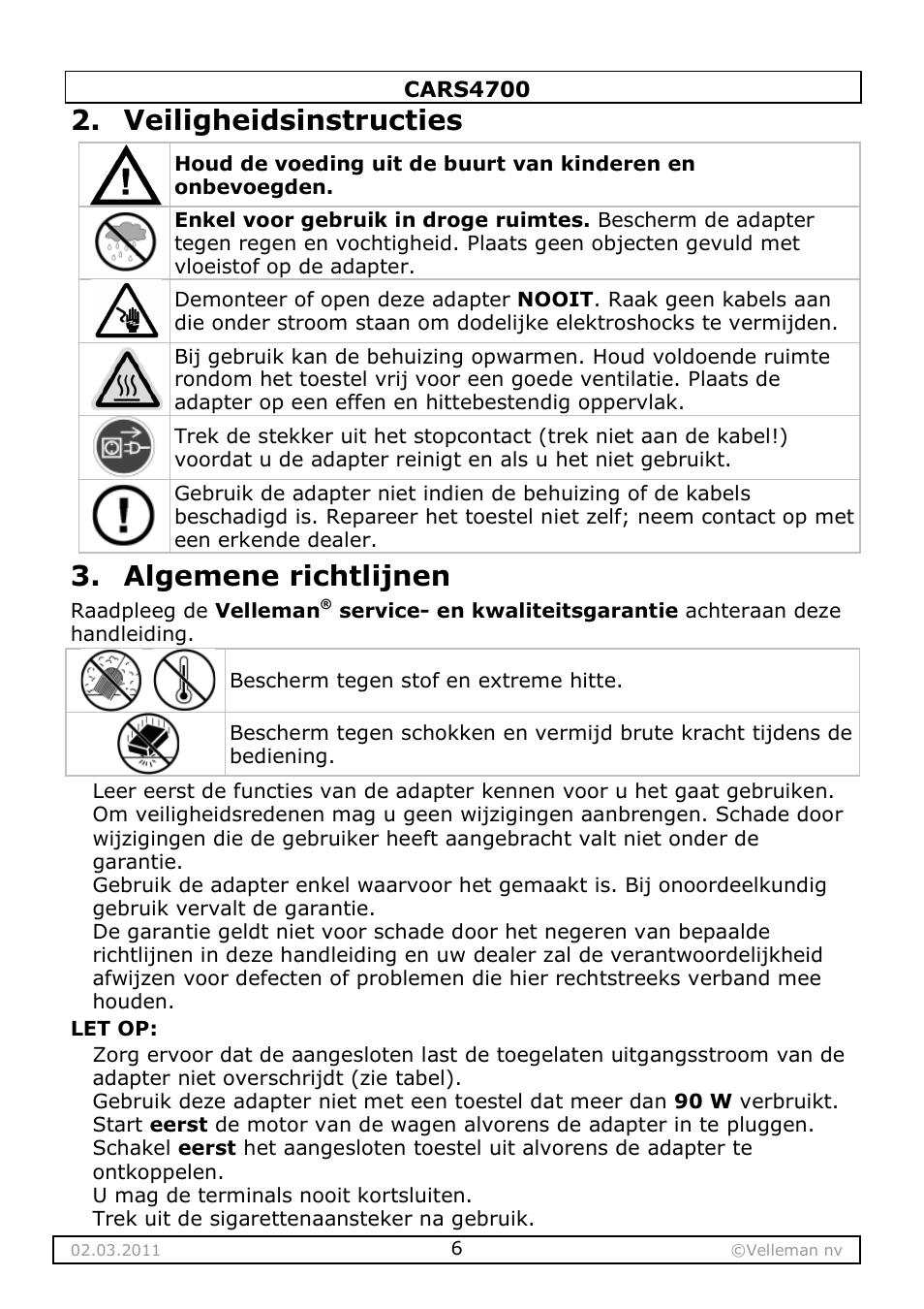 Veiligheidsinstructies, Algemene richtlijnen | Velleman CARS4700 User Manual | Page 6 / 19