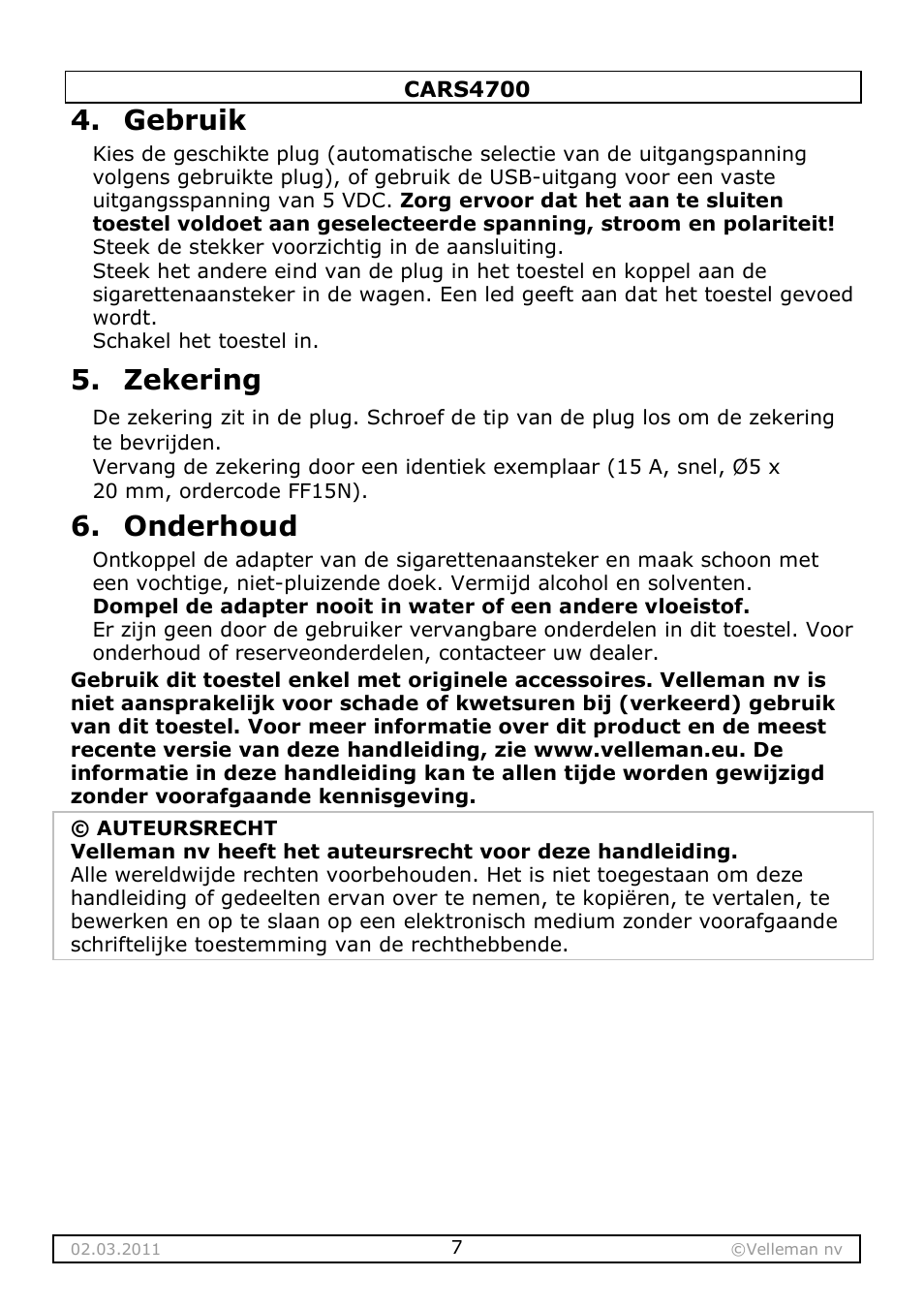 Gebruik, Zekering, Onderhoud | Velleman CARS4700 User Manual | Page 7 / 19