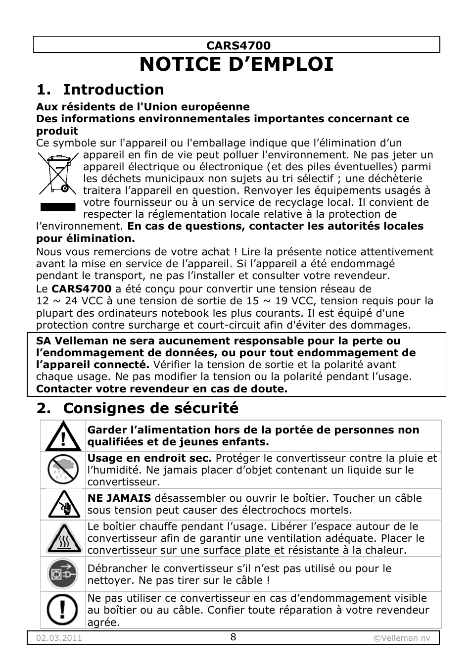 Notice d’emploi, Introduction, Consignes de sécurité | Velleman CARS4700 User Manual | Page 8 / 19