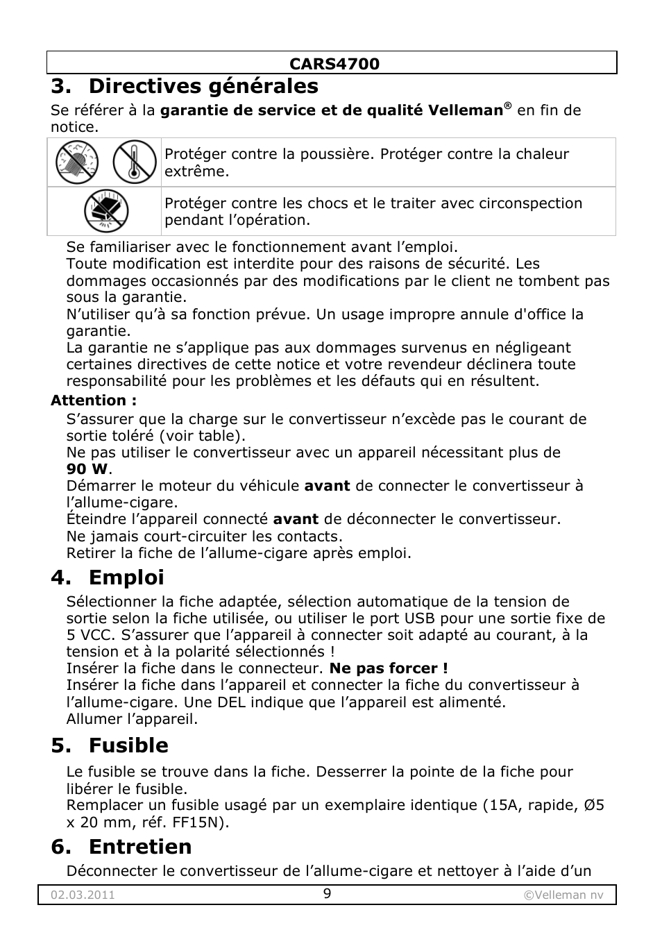 Directives générales, Emploi, Fusible | Entretien | Velleman CARS4700 User Manual | Page 9 / 19