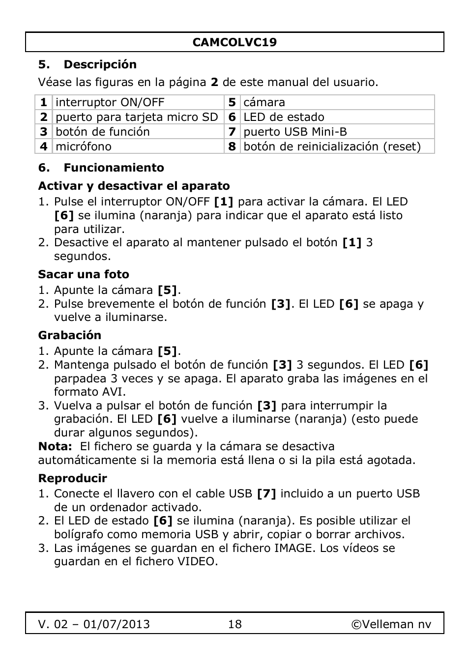 Descripción, Funcionamiento, Activar y desactivar el aparato | Sacar una foto, Grabación, Reproducir | Velleman CAMCOLVC19 User Manual | Page 18 / 43