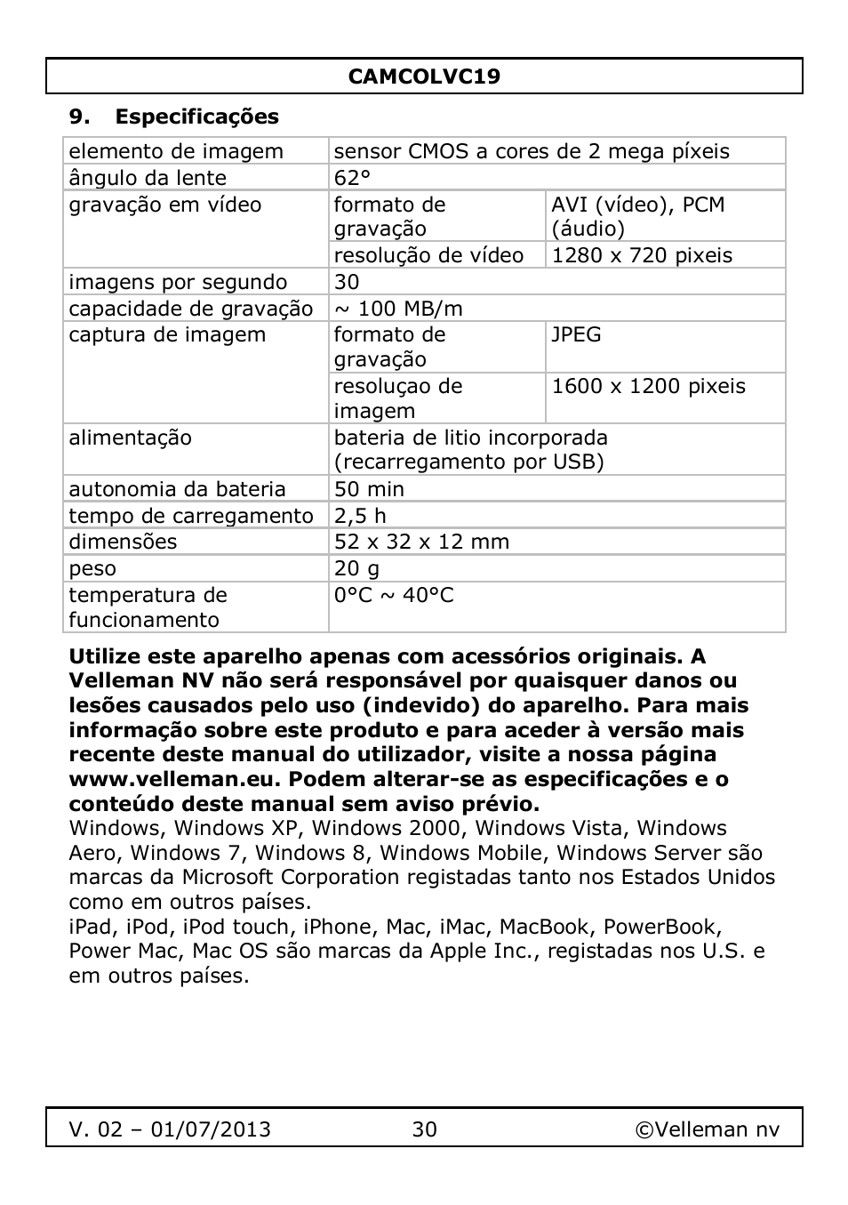 Especificações | Velleman CAMCOLVC19 User Manual | Page 30 / 43