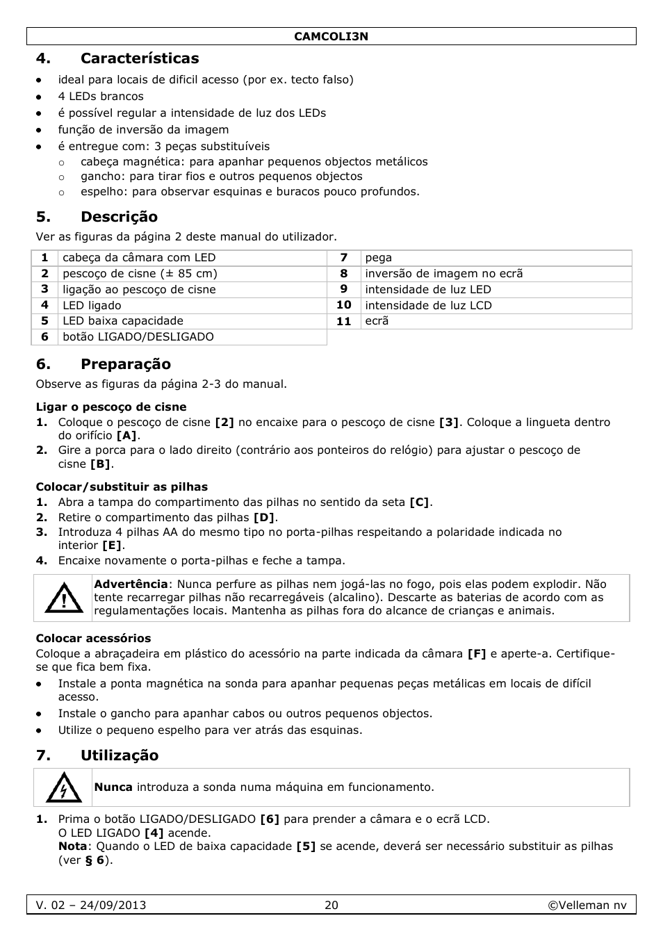 Características, Descrição, Preparação | Ligar o pescoço de cisne, Colocar/substituir as pilhas, Colocar acessórios, Utilização | Velleman CAMCOLI3N User Manual | Page 20 / 27