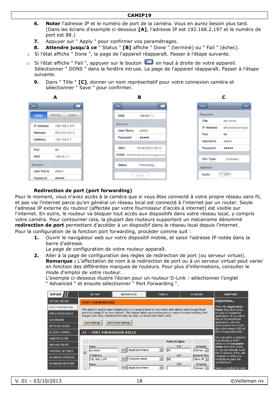 Redirection de port (port forwarding) | Velleman CAMIP19 User Manual | Page 18 / 36