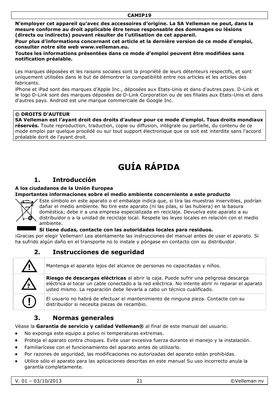 Guía rápida, Introducción, Instrucciones de seguridad | Normas generales | Velleman CAMIP19 User Manual | Page 21 / 36