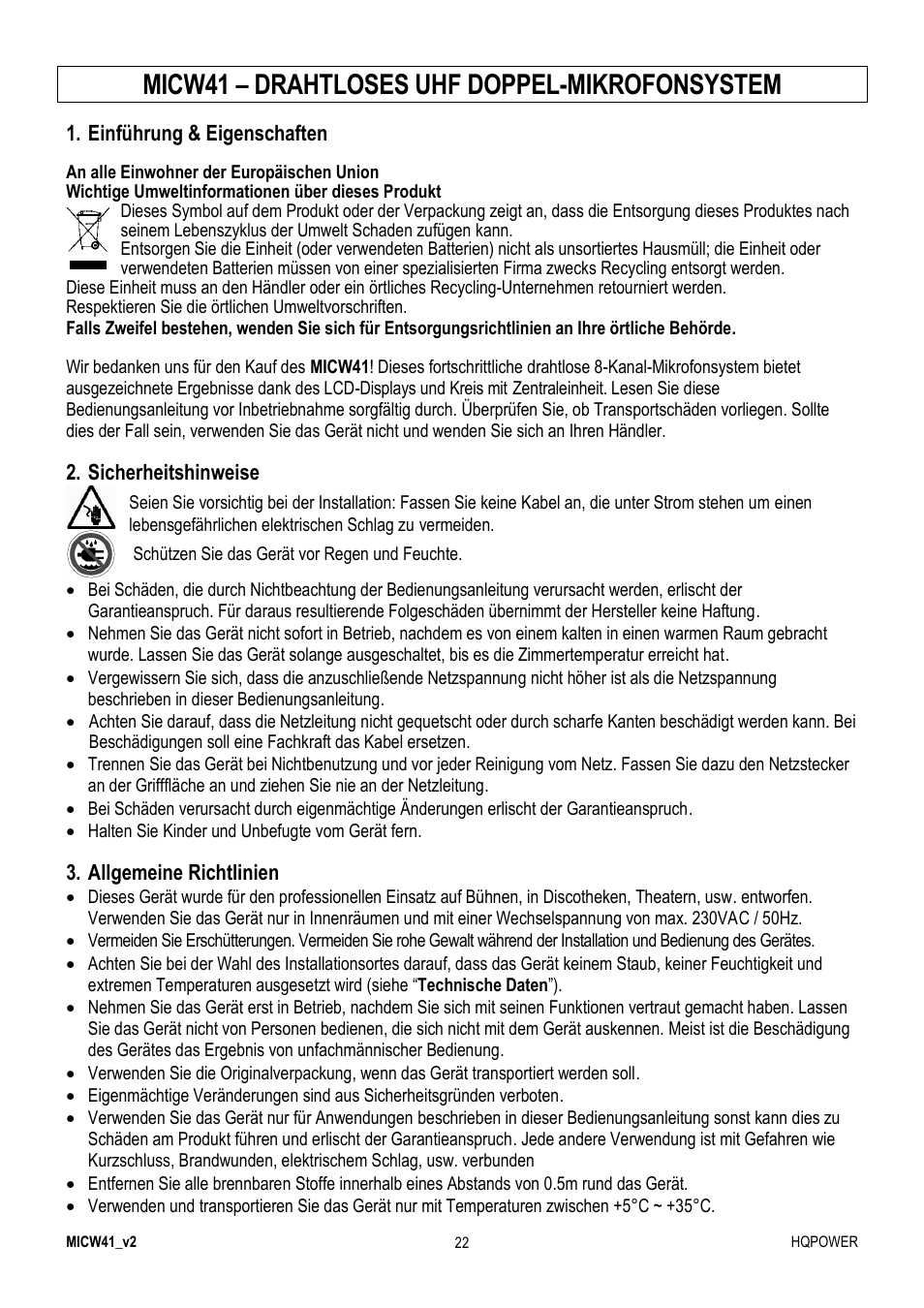 Micw41 – drahtloses uhf doppel-mikrofonsystem | Velleman MICW41 User Manual | Page 22 / 34