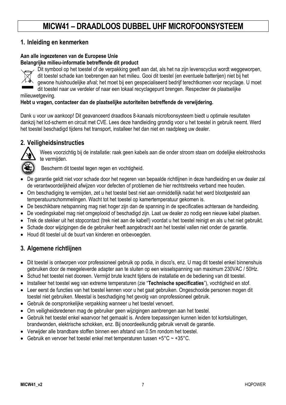 Micw41 – draadloos dubbel uhf microfoonsysteem | Velleman MICW41 User Manual | Page 7 / 34