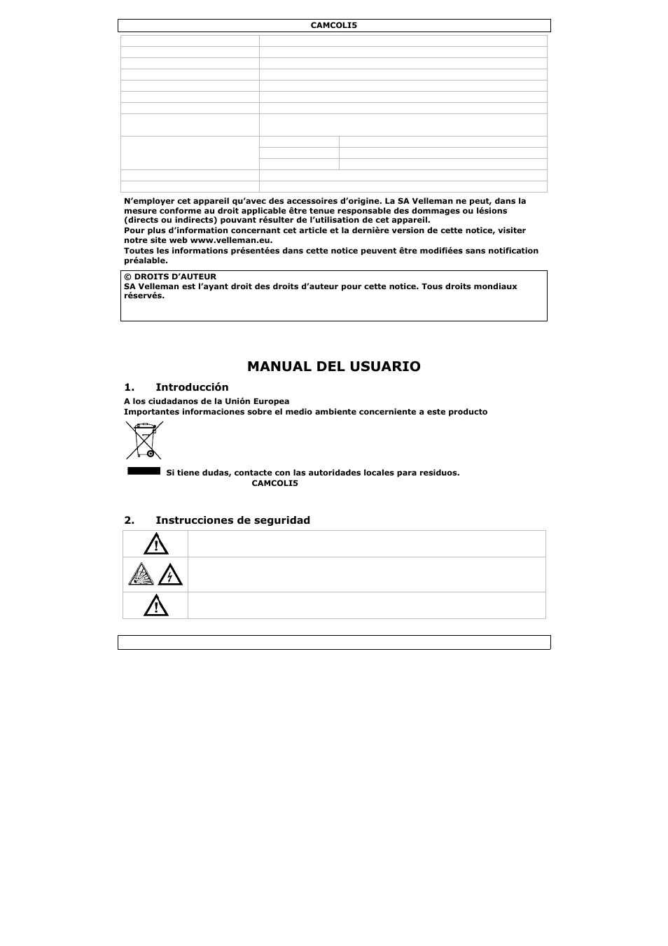 Manual del usuario, Nual del, L usuar | Velleman CAMCOLI5 User Manual | Page 22 / 37