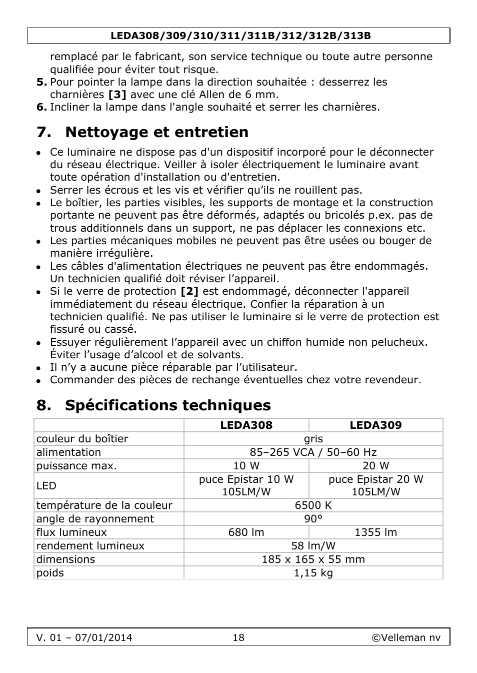Nettoyage et entretien, Spécifications techniques | Velleman LEDA313 User Manual | Page 18 / 40