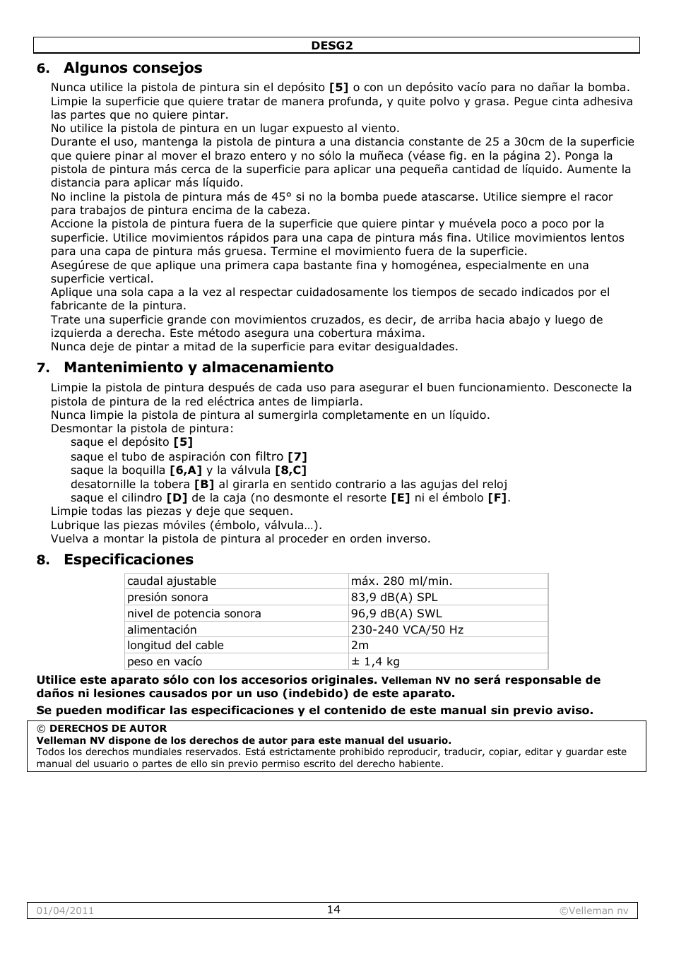 Algunos consejos, Mantenimiento y almacenamiento, Especificaciones | Velleman DESG2 User Manual | Page 14 / 26