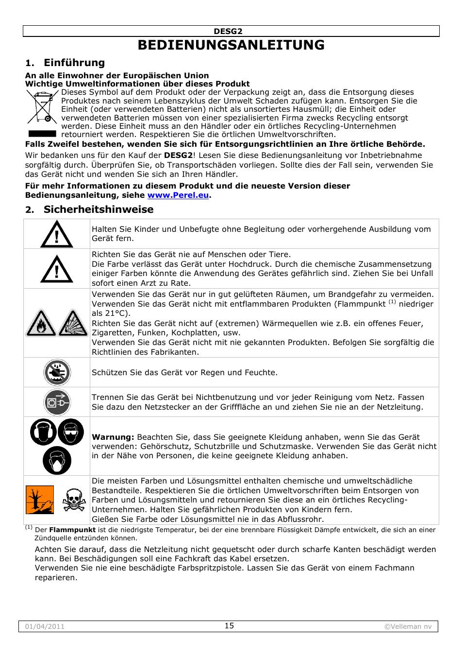 Bedienungsanleitung, Einführung, Sicherheitshinweise | Velleman DESG2 User Manual | Page 15 / 26