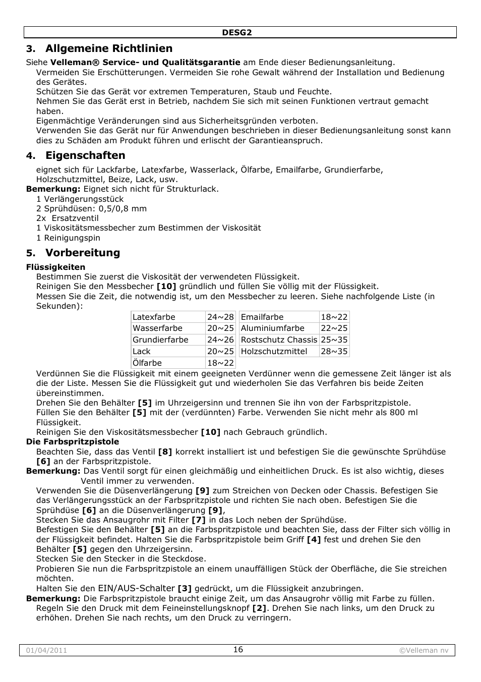 Allgemeine richtlinien, Eigenschaften, Vorbereitung | Velleman DESG2 User Manual | Page 16 / 26