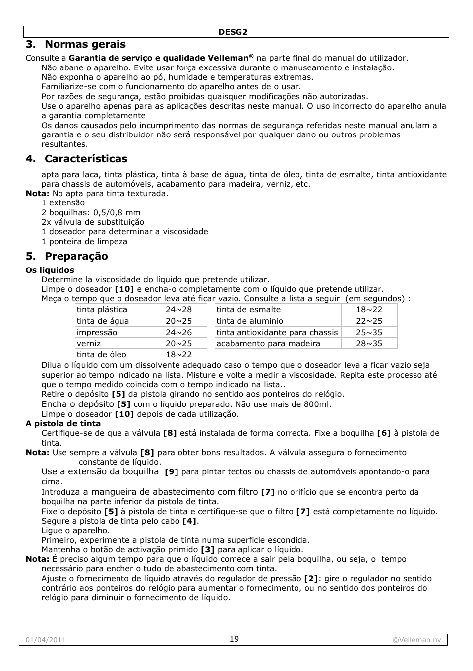 Normas gerais, Características, Preparação | Velleman DESG2 User Manual | Page 19 / 26