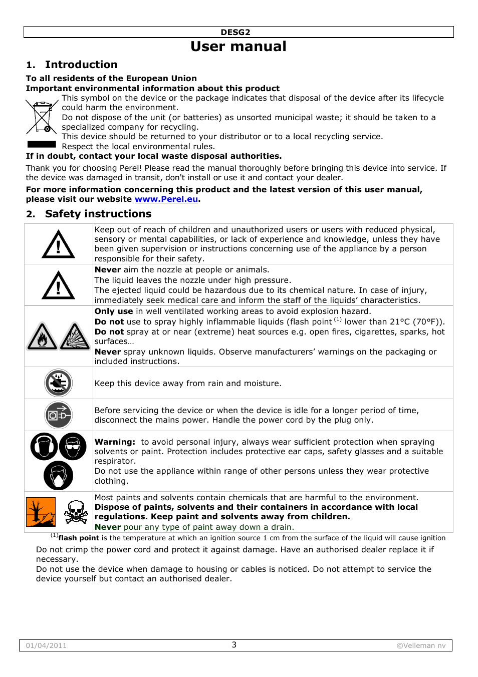 User manual, Introduction, Safety instructions | Velleman DESG2 User Manual | Page 3 / 26