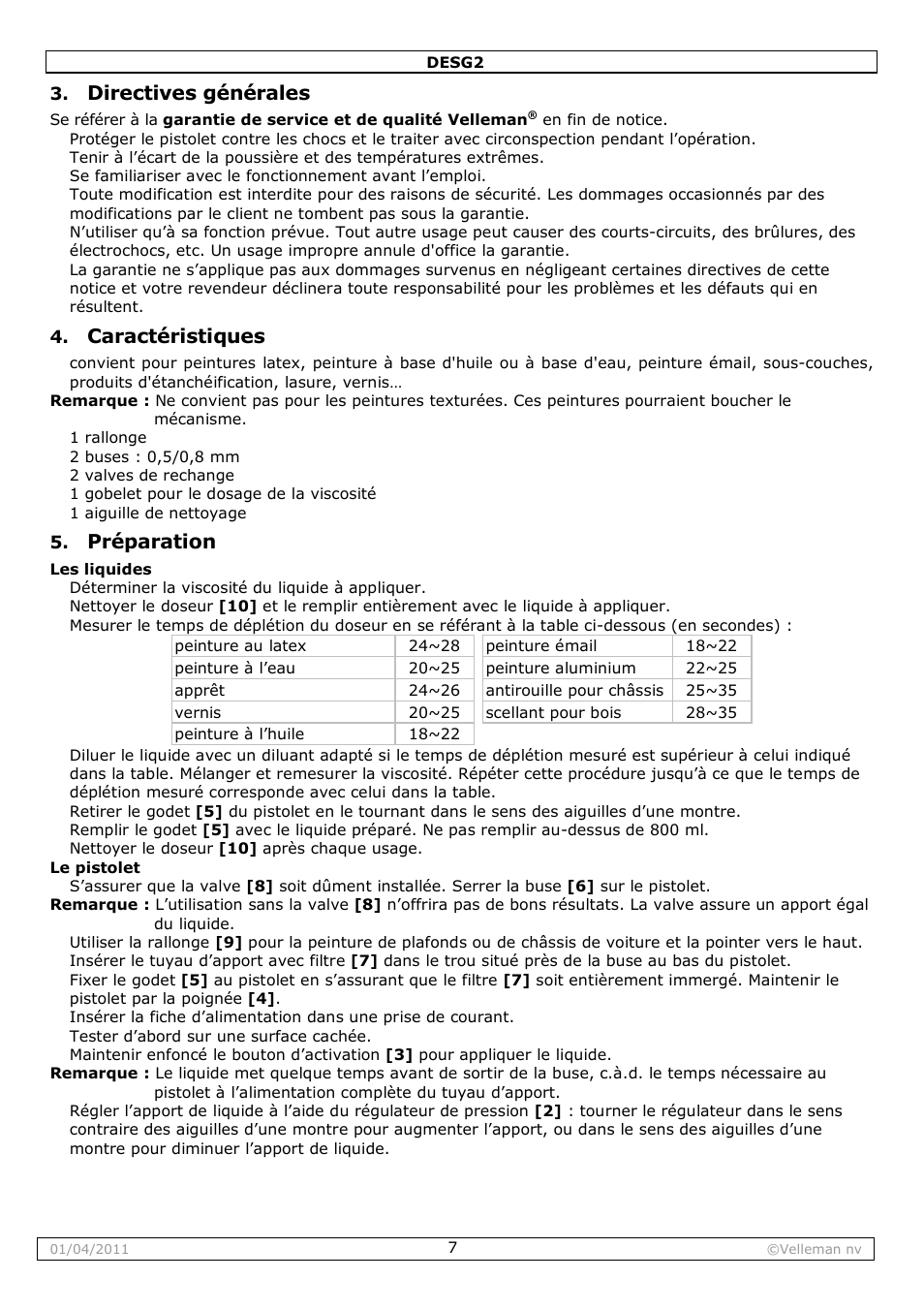 Directives générales, Caractéristiques, Préparation | Velleman DESG2 User Manual | Page 7 / 26