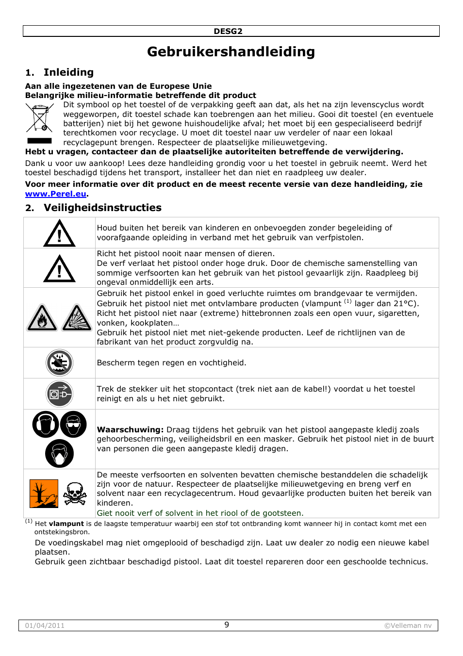 Gebruikershandleiding, Inleiding, Veiligheidsinstructies | Velleman DESG2 User Manual | Page 9 / 26