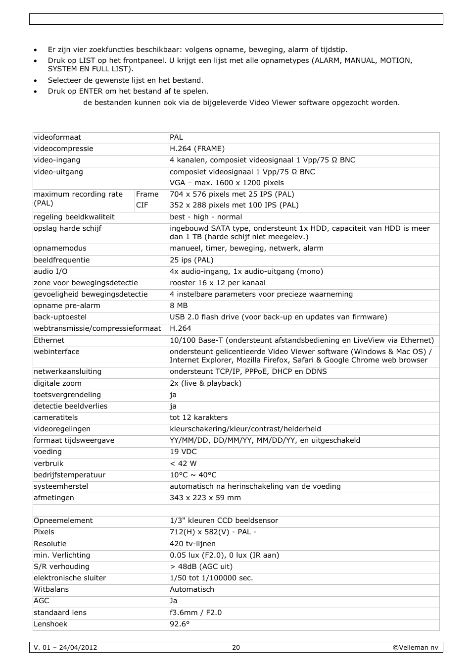 Technische specificaties | Velleman CCTVPROM14 User Manual | Page 20 / 49